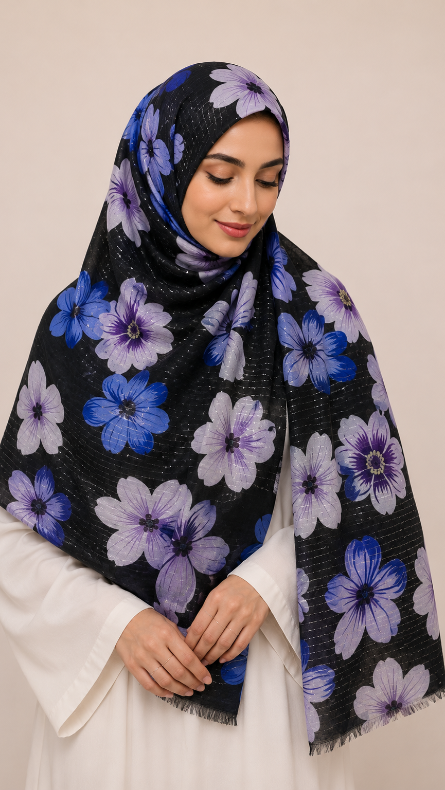 Sequins Bloom Midnight | Lawn Printed Hijab with Sequins
