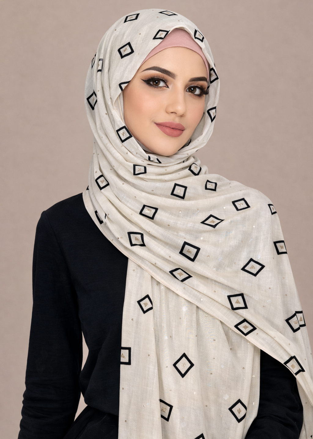 Lawn Block Print Hijab | Shiny Squares | Cream White