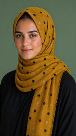 Lawn Block Print Hijab | Shinny Polka Dots | Mustard