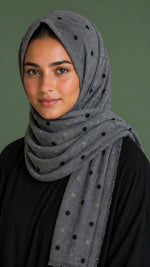 Lawn Block Print Hijab | Shinny Polka Dots | Grey