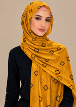 Lawn Block Print Hijab | Shiny Squares | Mustard
