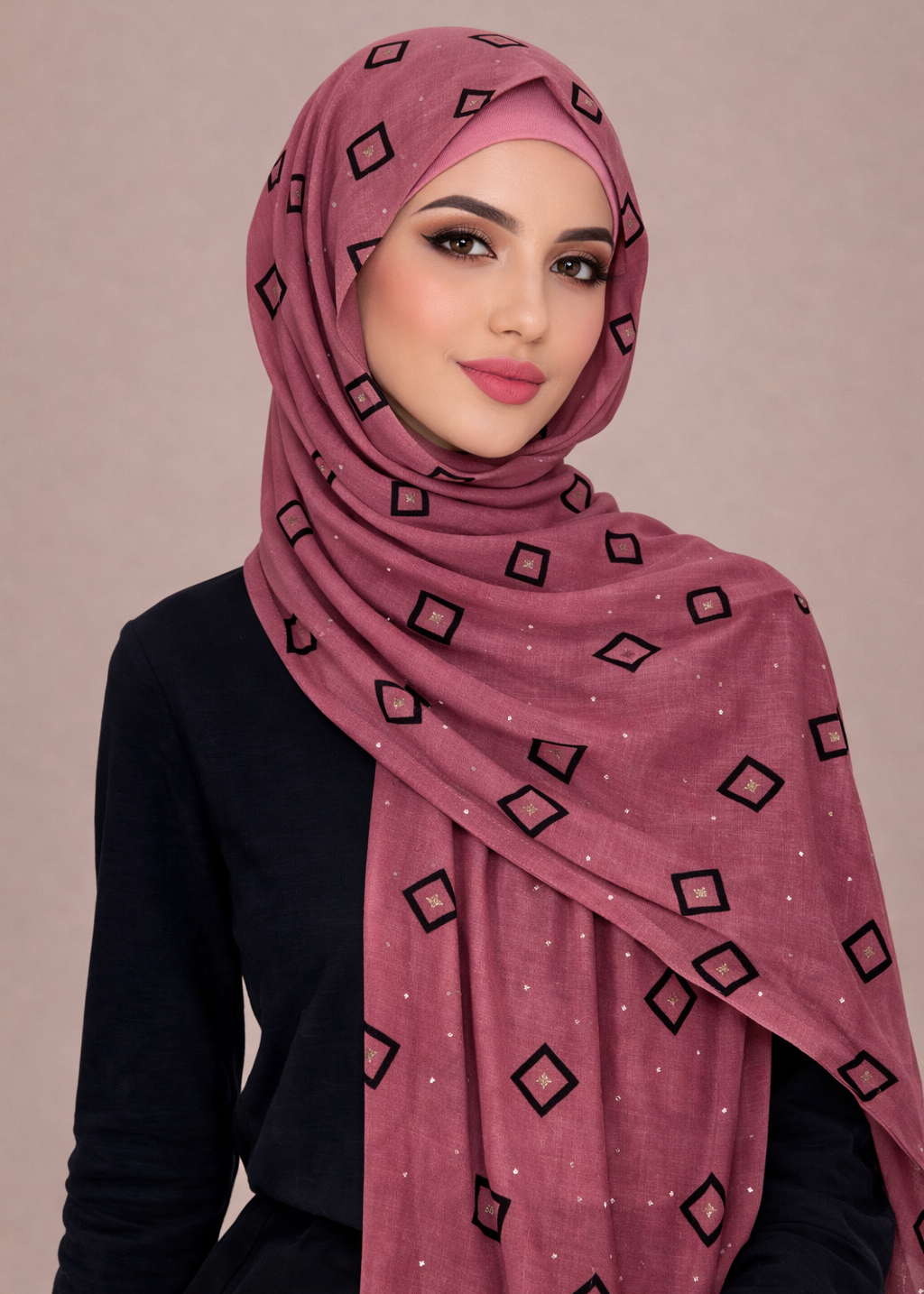 Lawn Block Print Hijab | Shiny Squares | Muted Pink