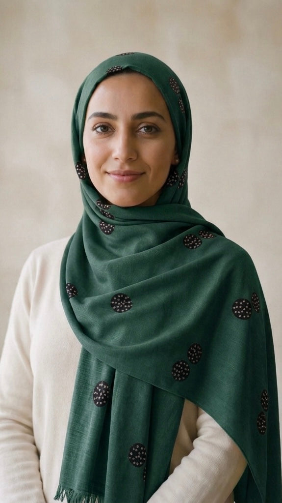 Lawn Block Print Hijab | Shinny Circles | Dark Green