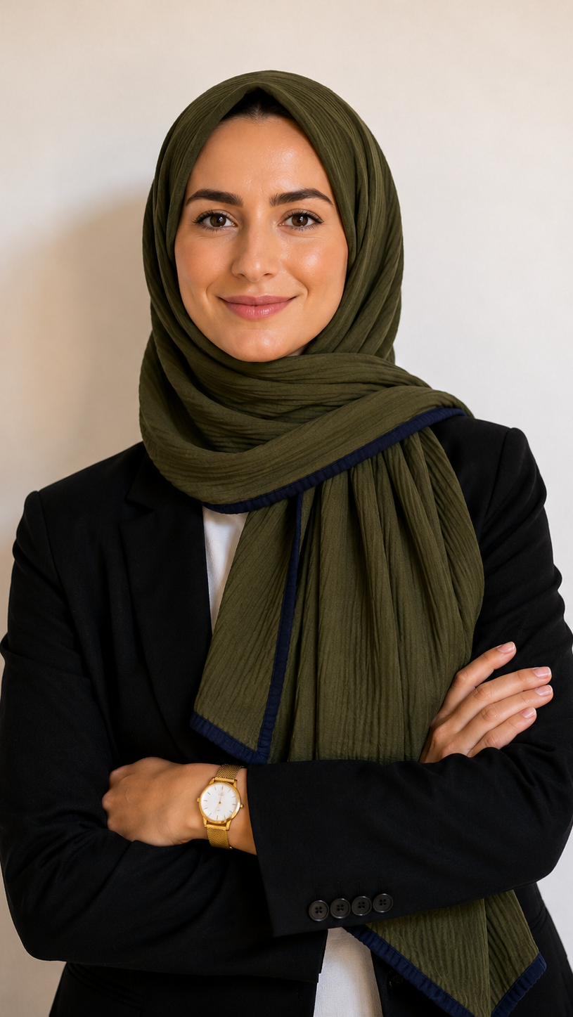 Soft Crinkle Lawn Hijab with Borders | Olive Green