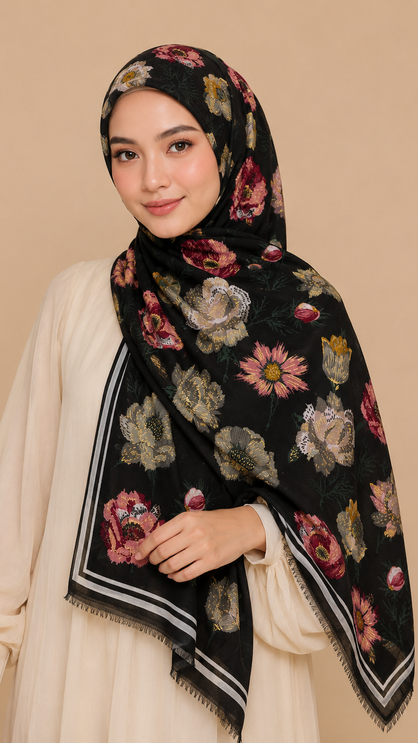 Midnight Bloom | Lawn Printed Hijab
