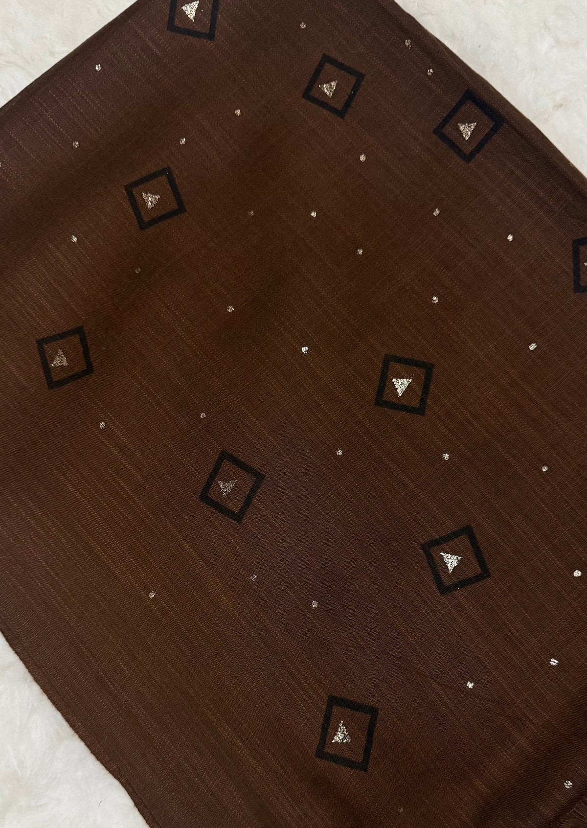 Lawn Block Print Hijab | Shiny Squares | Dark Brown