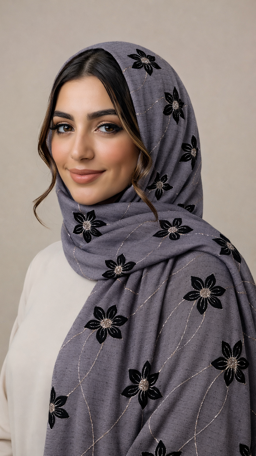 Threaded Lawn Floral Hijab | Floral | Graphite Grey