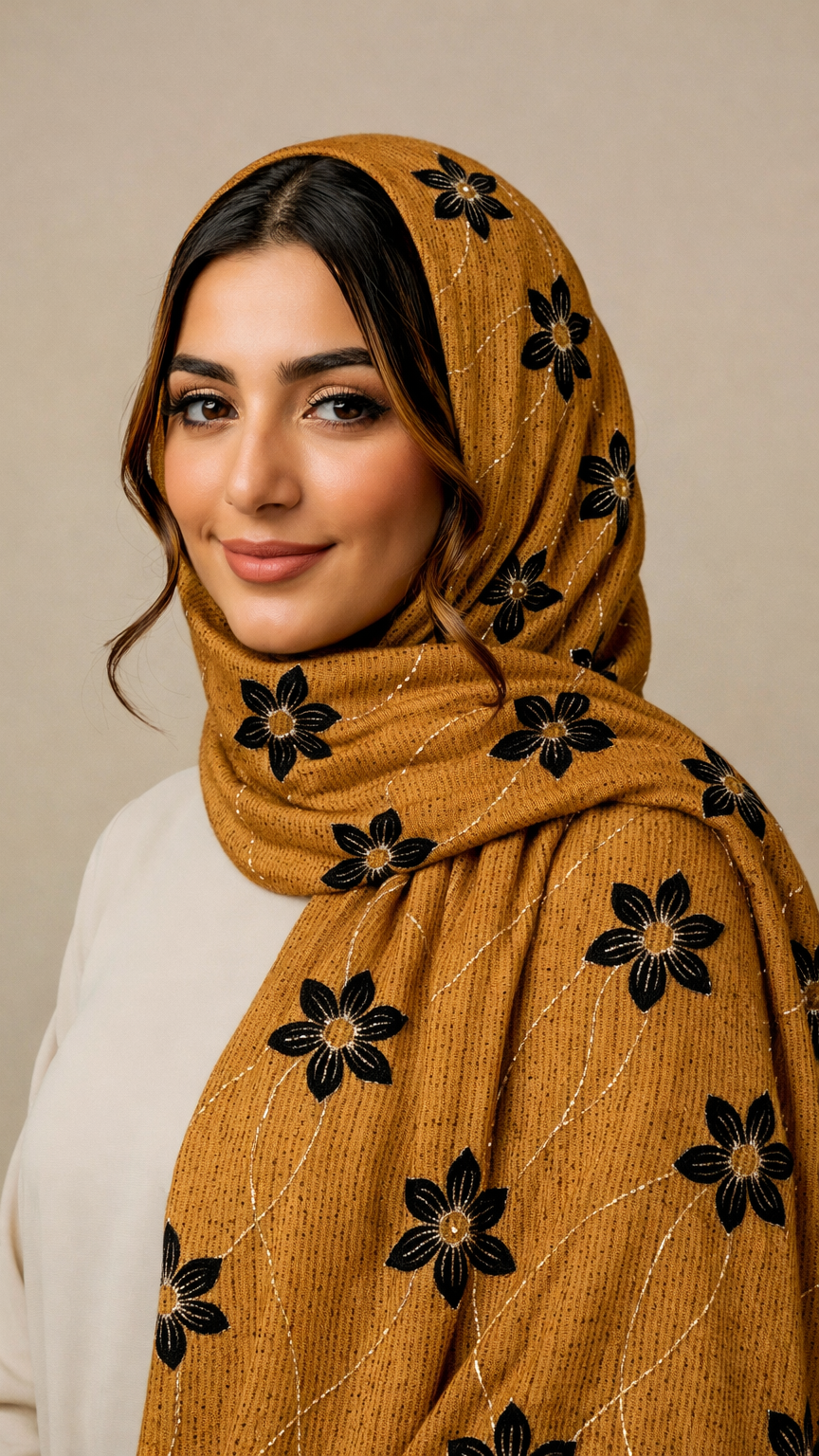 Threaded Lawn Floral Hijab | Floral | Mustard