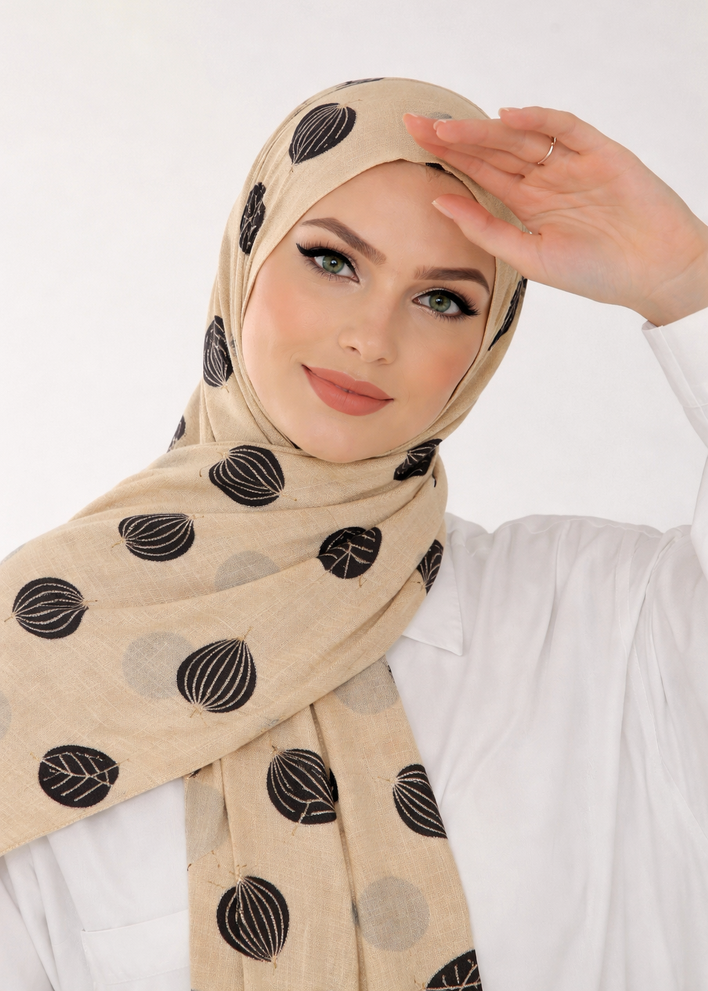 Lawn Block Print Hijab | Shiny Leaf | Beige