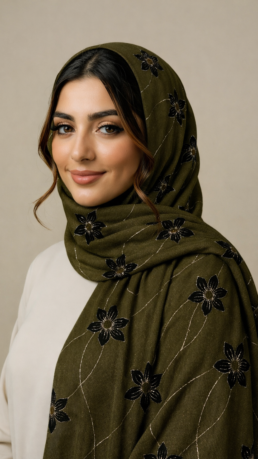 Threaded Lawn Floral Hijab | Floral | Olive Green