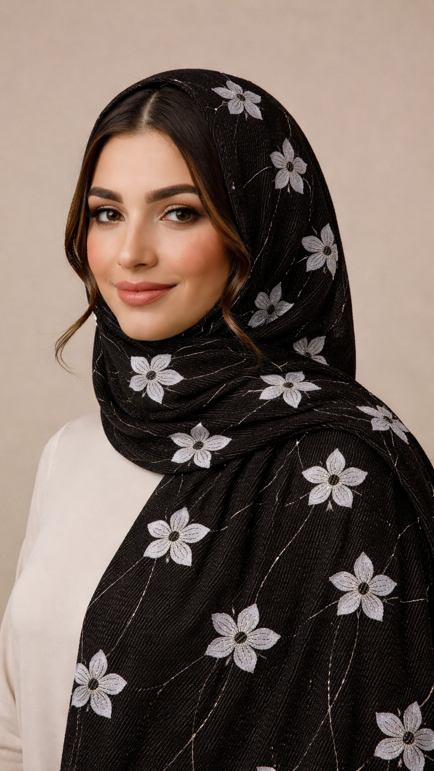 Threaded Lawn Floral Hijab | Floral | Classic Black