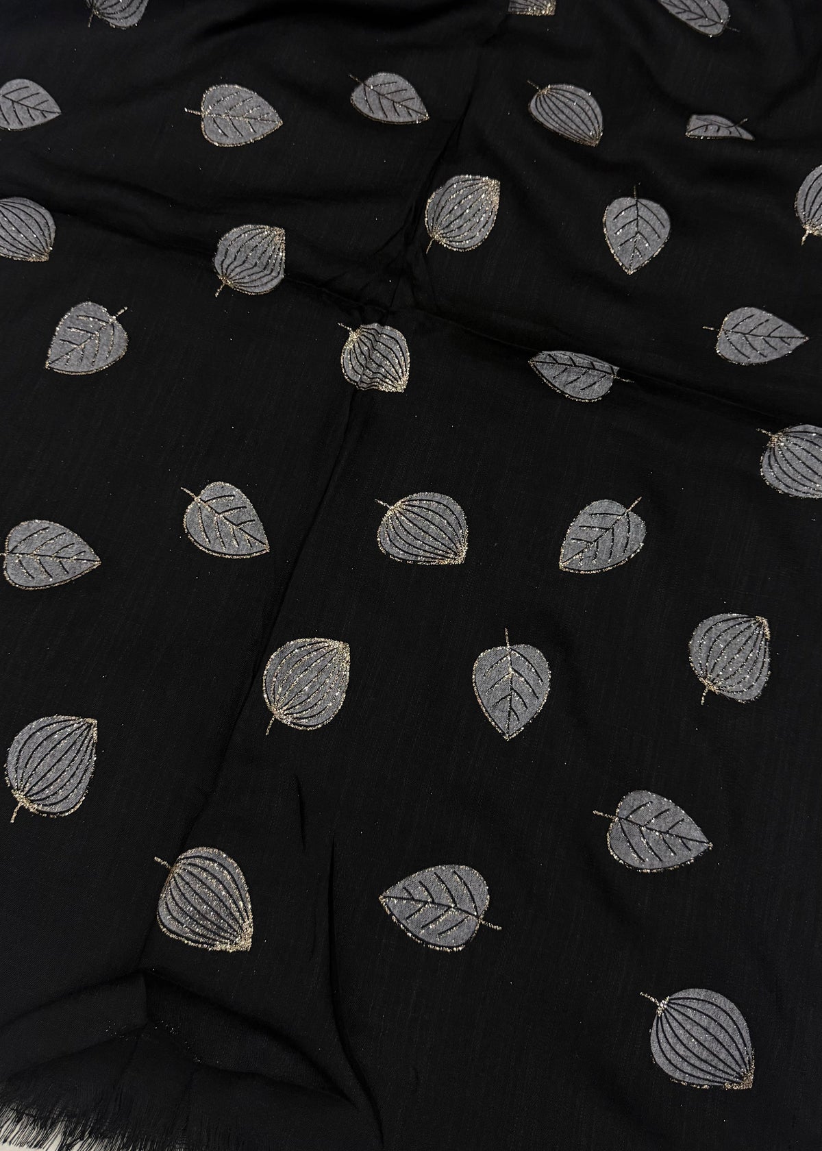 Lawn Block Print Hijab | Shiny Leaf | Black