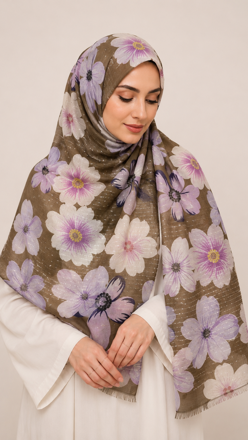 Sequins Bloom Mocha | Lawn Printed Hijab with Sequins