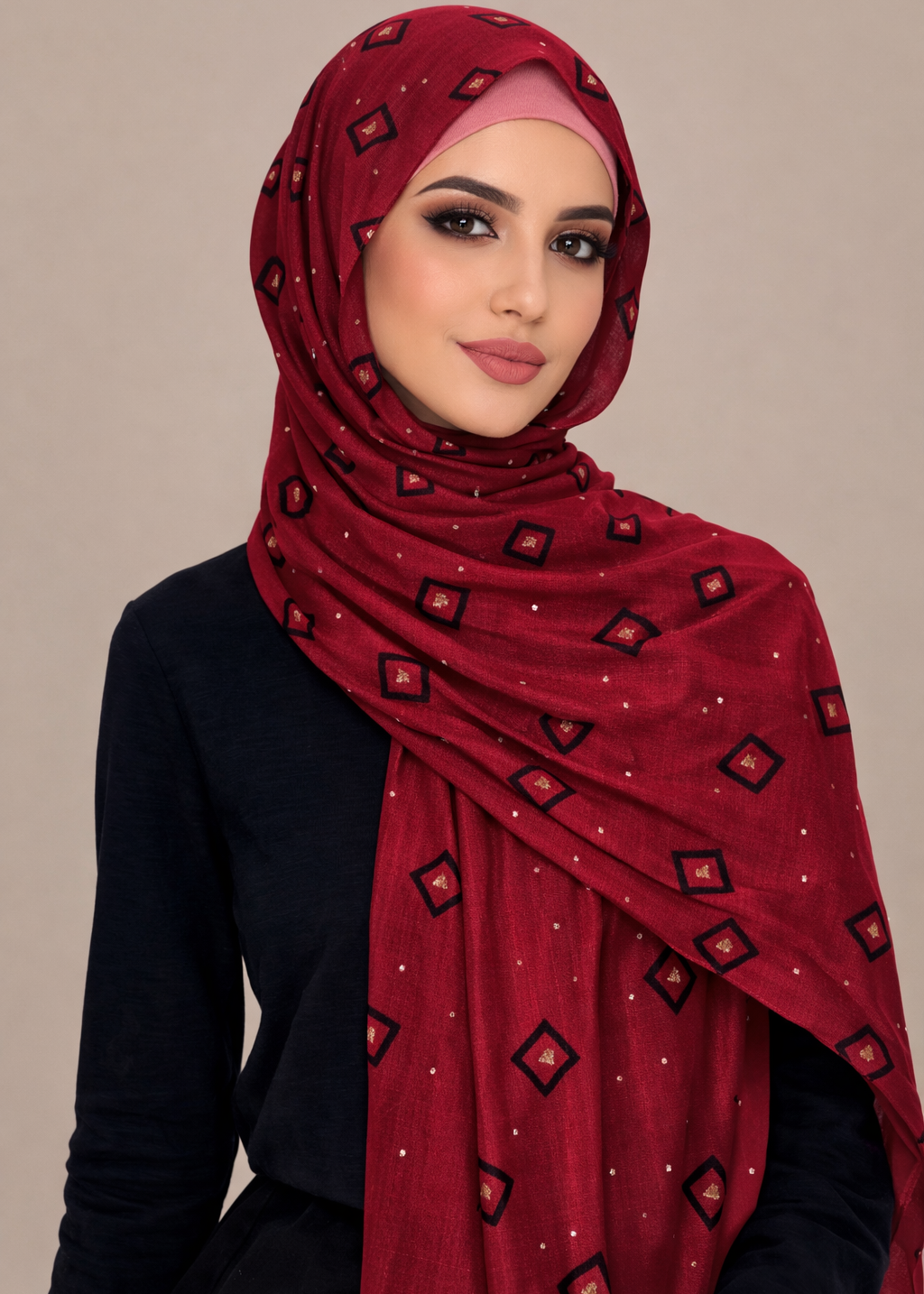 Lawn Block Print Hijab | Shiny Squares | Maroon