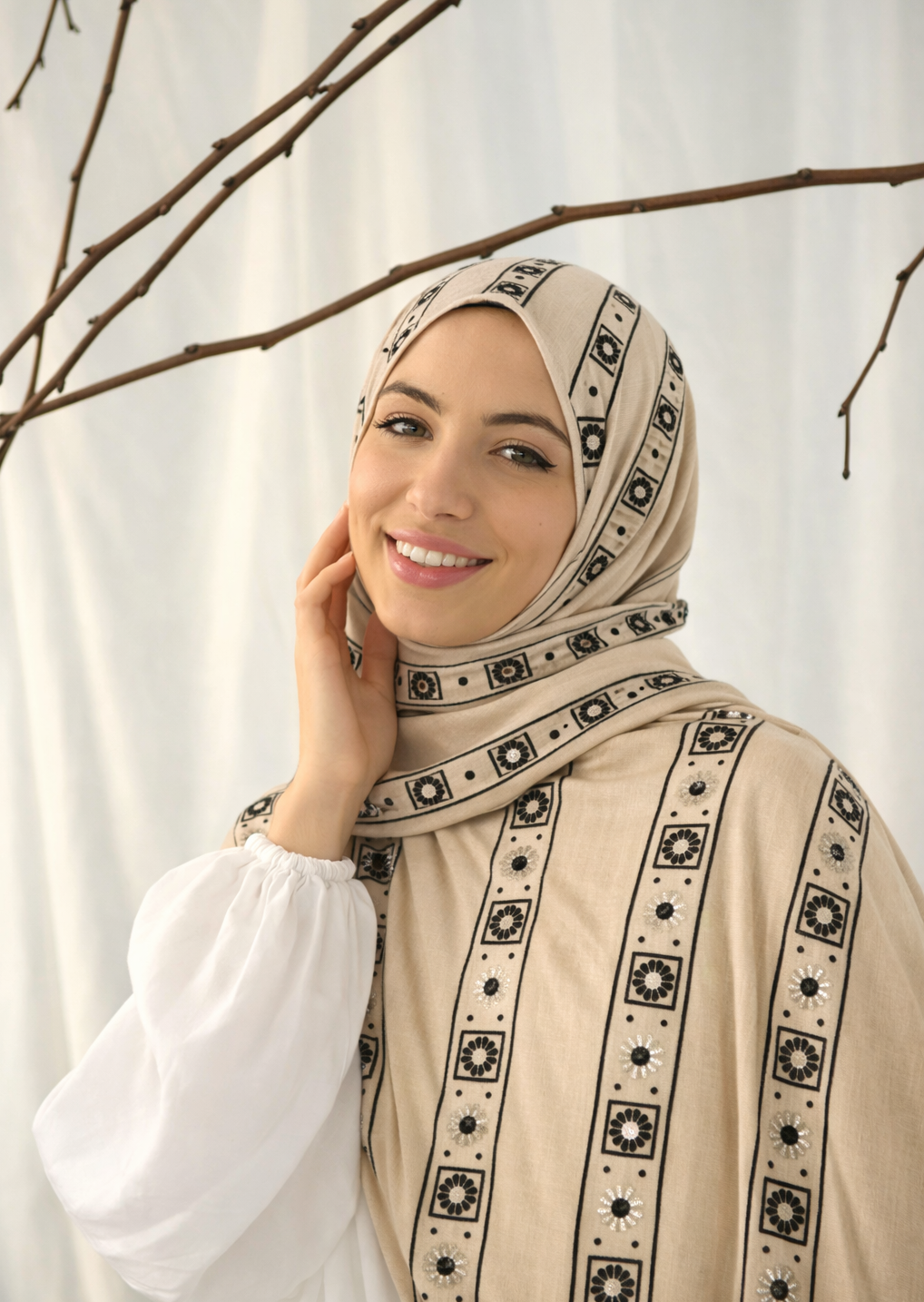 Lawn Block Print Hijab | Stripes | Beige