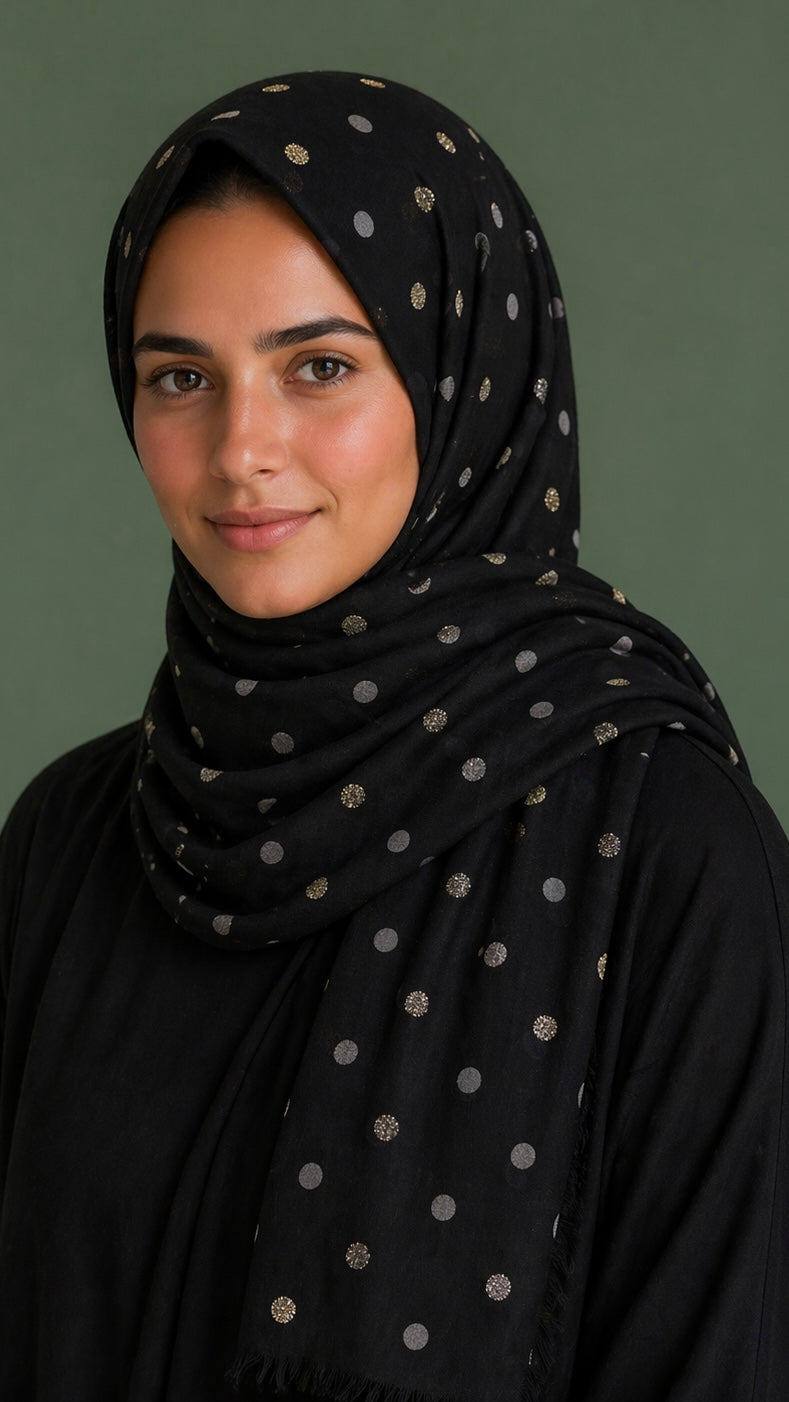 Lawn Block Print Hijab | Shinny Polka Dots | Black