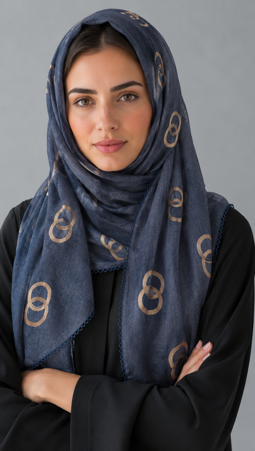 Lawn Ringset Embroidered Hijabs (XL) | Denim Blue