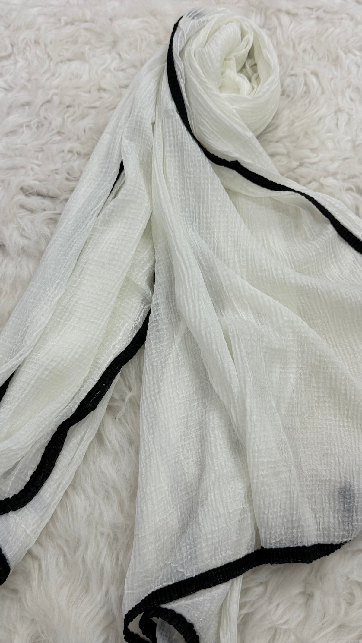 Soft Crinkle Lawn Hijab with Borders| Ivory White