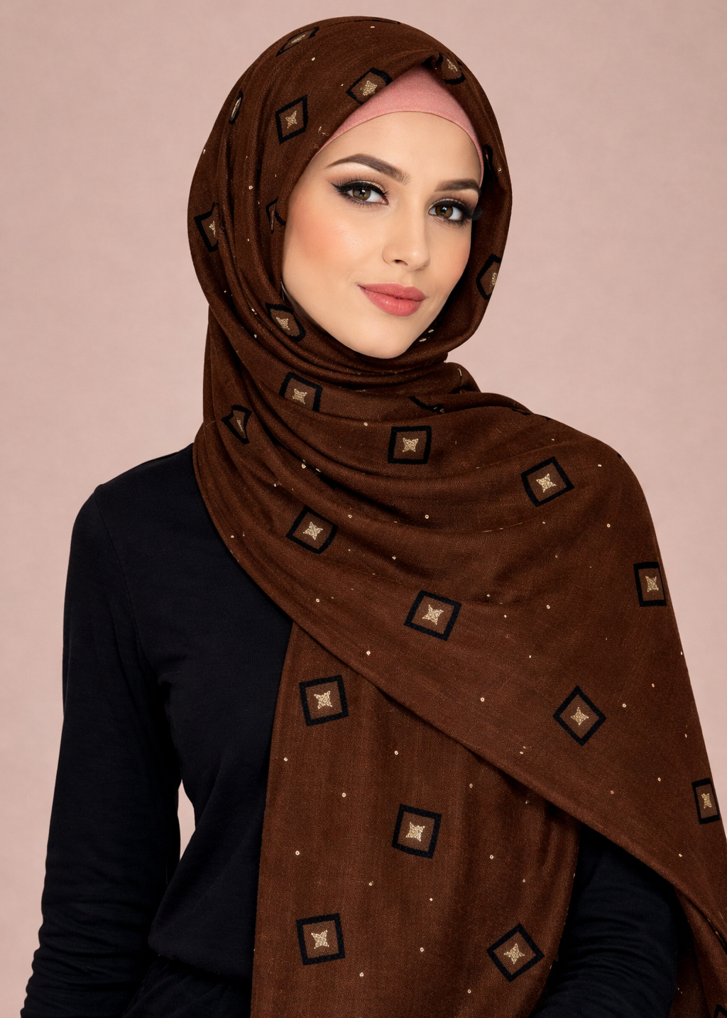 Lawn Block Print Hijab | Shiny Squares | Dark Brown