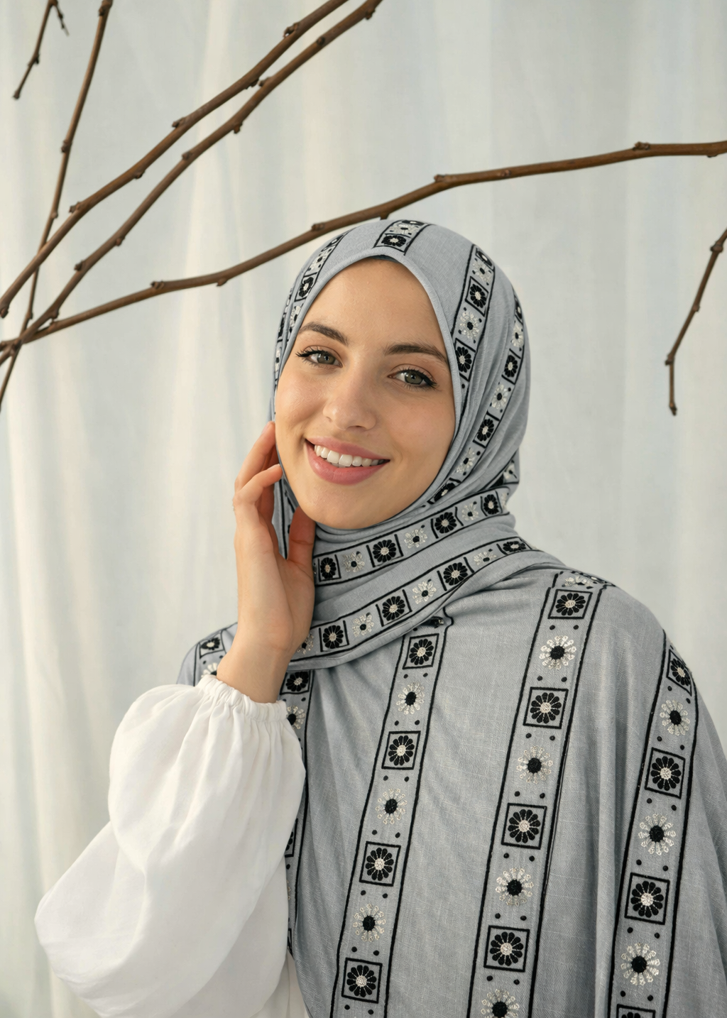 Lawn Block Print Hijab | Stripes | Grey