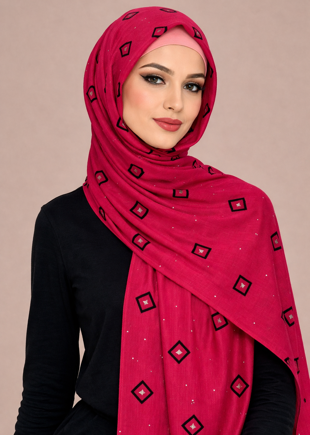 Lawn Block Print Hijab | Shiny Squares | Fuchsia Pink