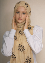Lawn Block Print Hijab | Roses| Beige