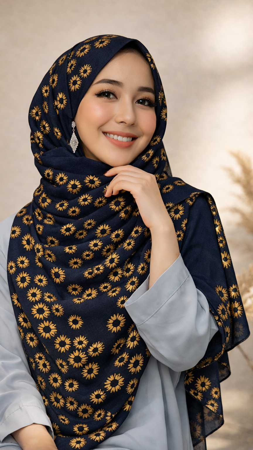 Lawn Block Print Hijab | Floral | Dark Blue