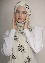 Lawn Block Print Hijab | Roses| Cream White