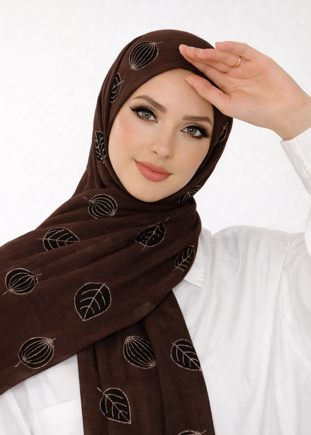 Lawn Block Print Hijab | Shiny Leaf | Dark Brown