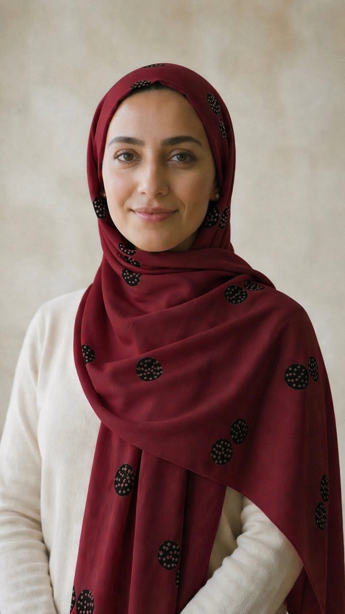 Lawn Block Print Hijab | Shinny Circles | Maroon