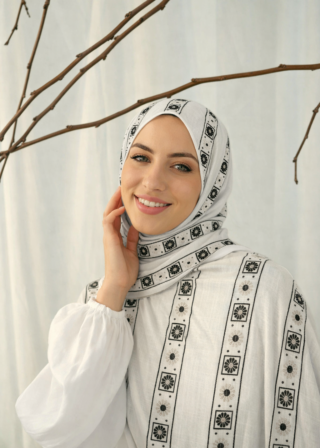 Lawn Block Print Hijab | Stripes | Cream White