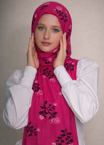 Lawn Block Print Hijab | Roses| Fuchsia Pink