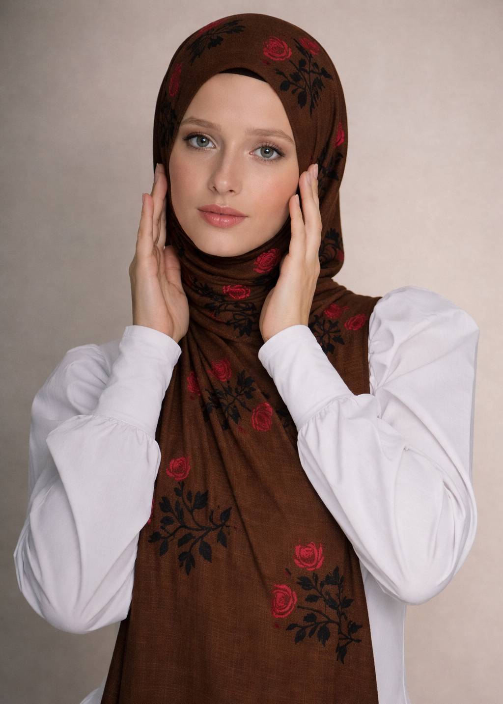 Lawn Block Print Hijab | Roses| Dark Brown