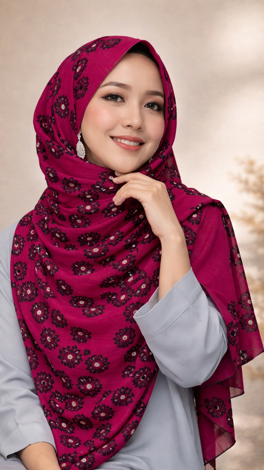 Lawn Block Print Hijab | Floral | Berry Fuchsia