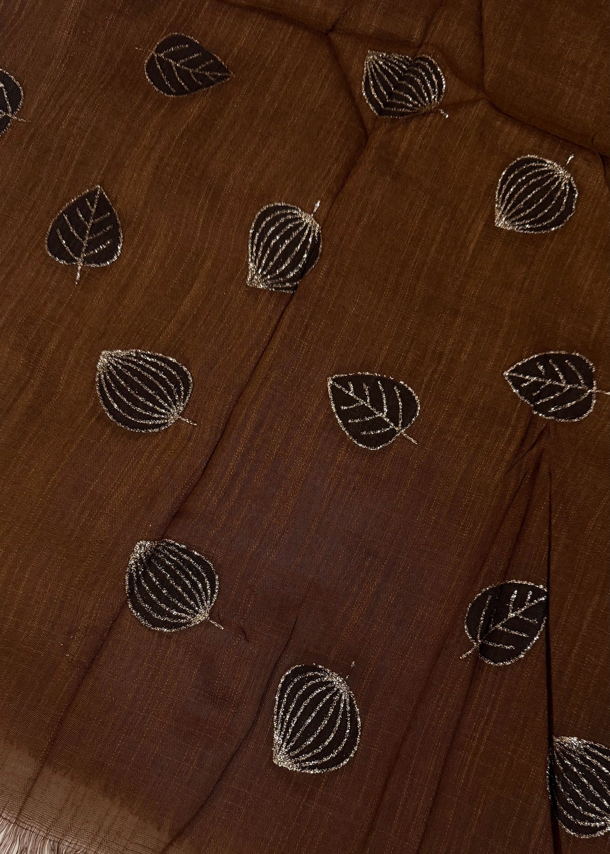 Lawn Block Print Hijab | Shiny Leaf | Dark Brown