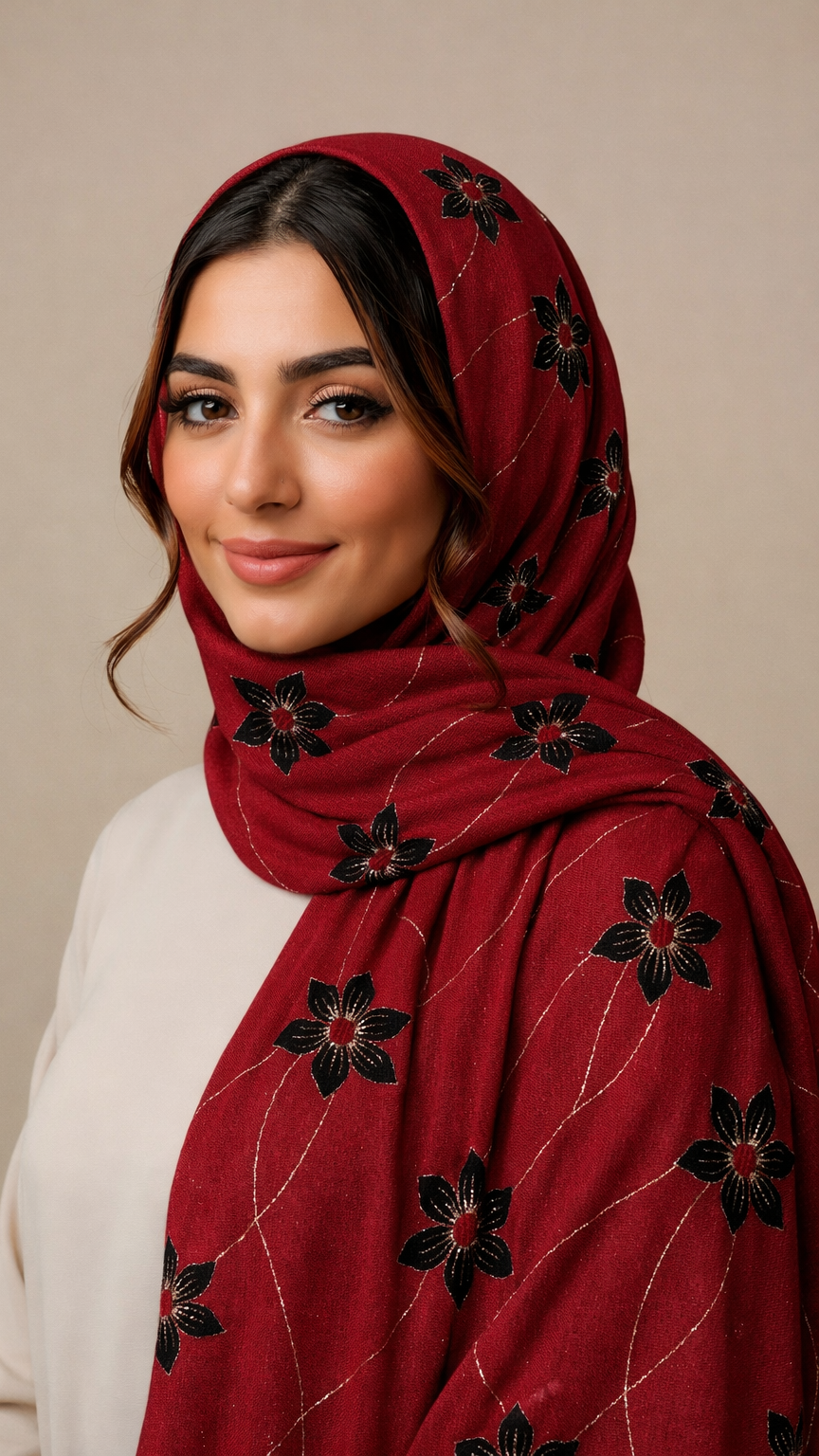 Threaded Lawn Floral Hijab | Floral | Maroon