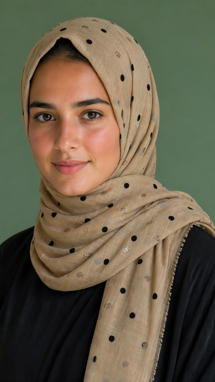 Lawn Block Print Hijab | Shinny Polka Dots | Beige