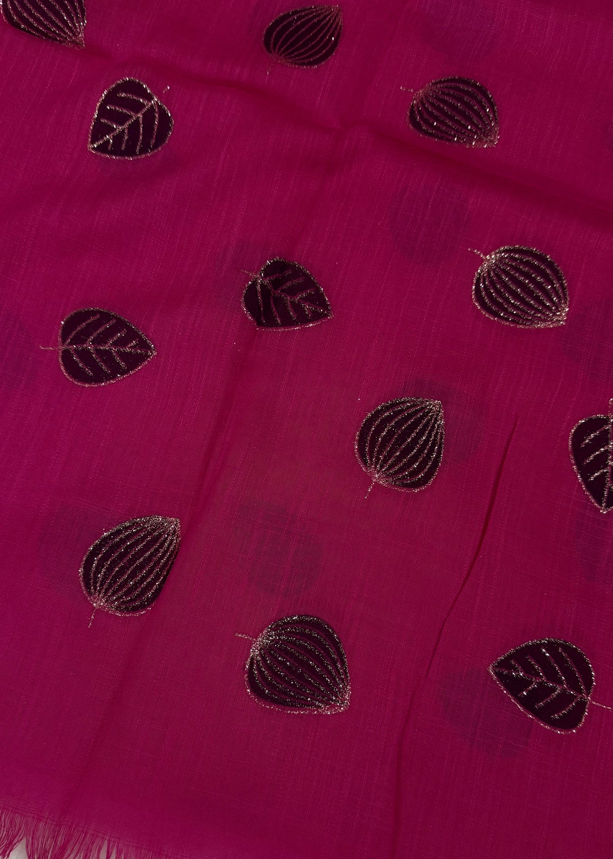 Lawn Block Print Hijab | Shiny Leaf | Fuchsia Pink