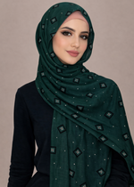 Lawn Block Print Hijab | Shiny Squares | Dark Green
