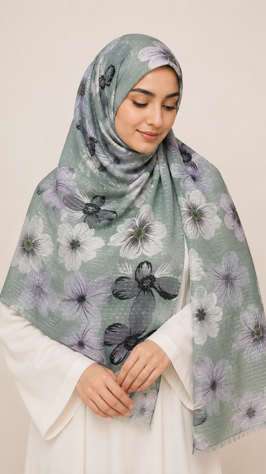 Sequins Bloom Green | Lawn Printed Hijab with Sequins