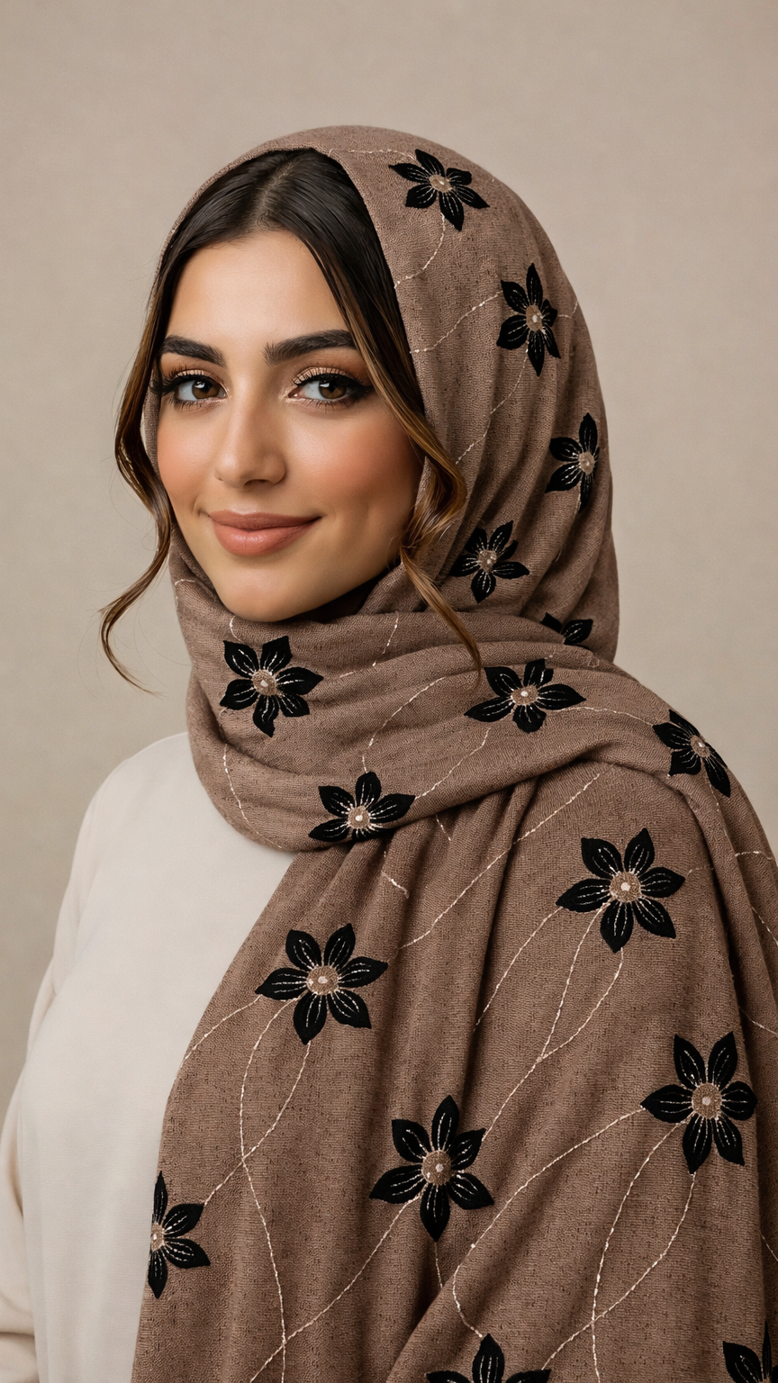 Threaded Lawn Floral Hijab | Floral | Mocha Brown