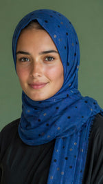 Lawn Block Print Hijab | Shinny Polka Dots | Blue