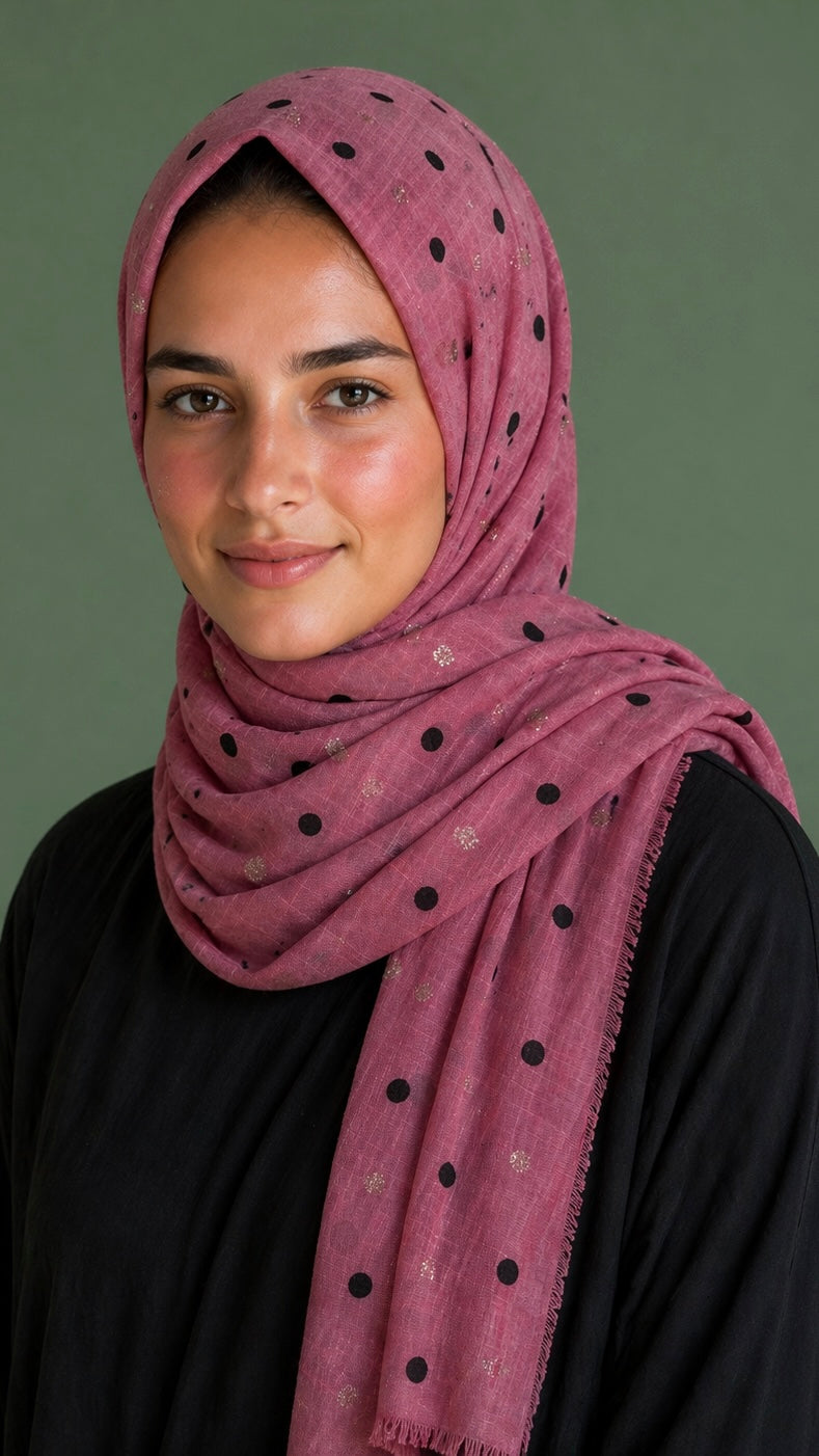 Lawn Block Print Hijab | Shinny Polka Dots | Muted Pink