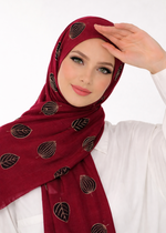 Lawn Block Print Hijab | Shiny Leaf | Maroon