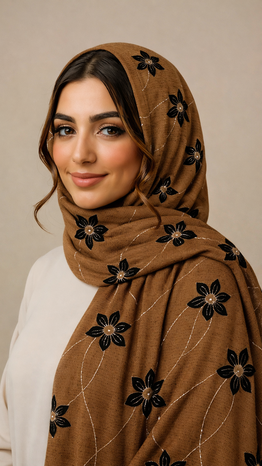 Threaded Lawn Floral Hijab | Floral | Brown