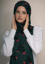 Lawn Block Print Hijab | Roses| Dark Green