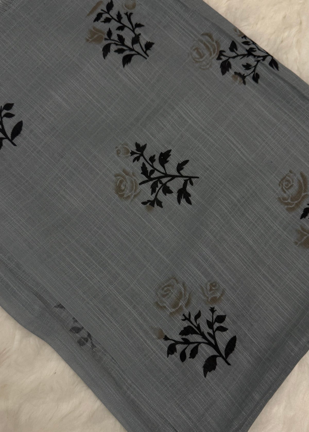 Lawn Block Print Hijab | Roses| Grey
