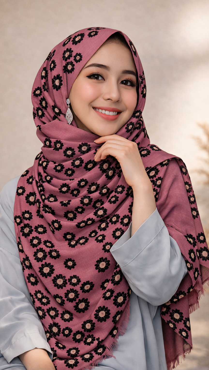 Lawn Block Print Hijab | Floral | Mauve Pink