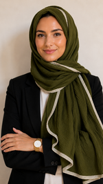 Soft Crinkle Lawn Hijab with Borders | Forest Green