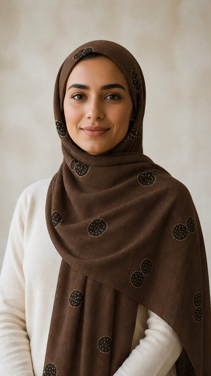 Lawn Block Print Hijab | Shinny Circles | Dark Brown
